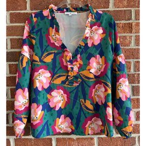 Michelle McDowell Floral Ruffle Blouse Green Pink Orange Long Sleeve M